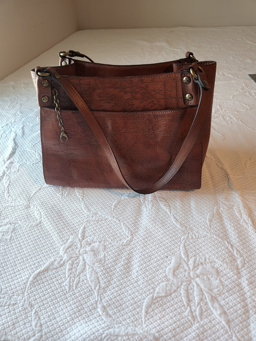 Patricia Nash Chestnut Brown Leather Shoulder Bag with Antique Brass Accents